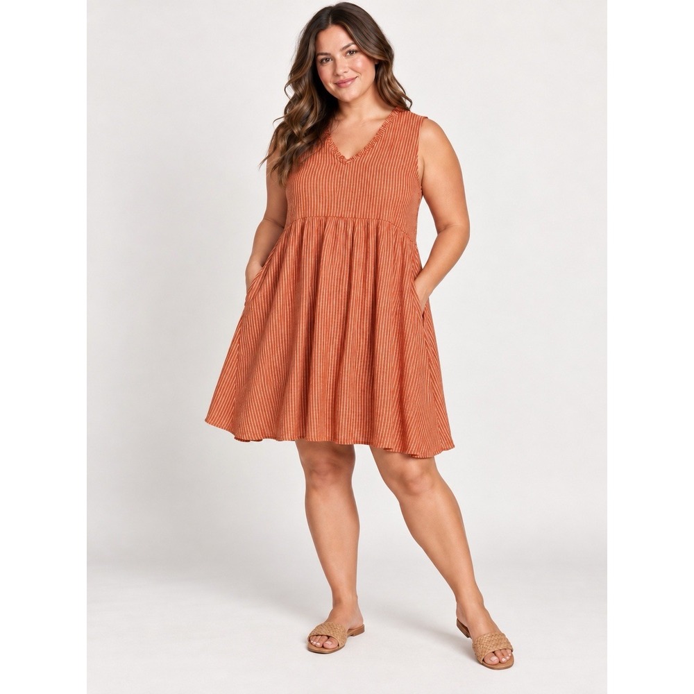 St John's Bay Women's Large Orange Striped Linen Blend Babydoll Dress Boho Beach